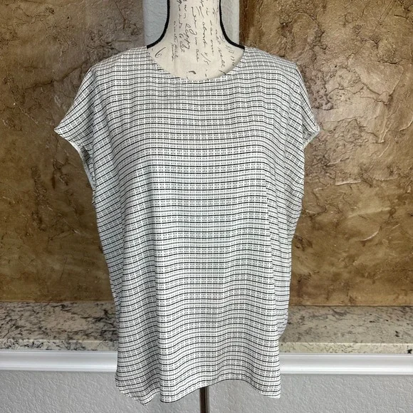 MM LaFleur Blouse Top Women Large Stripe Micro Check Minimal Black White - Picture 1 of 9